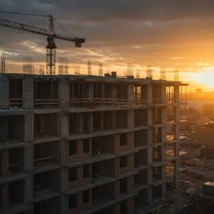 Imagem de um prédio em construção, com foco nas estruturas de alvenaria e a presença de uma grua, ao fundo, no momento do pôr do sol.