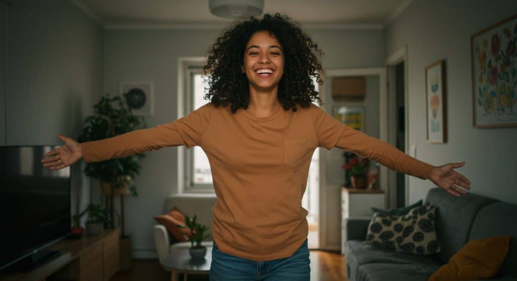 Imagem de uma pessoa sorrindo com os braços abertos, em um ambiente aconchegante de sala de estar, com decoração moderna e plantas, transmitindo uma sensação de bem-estar.