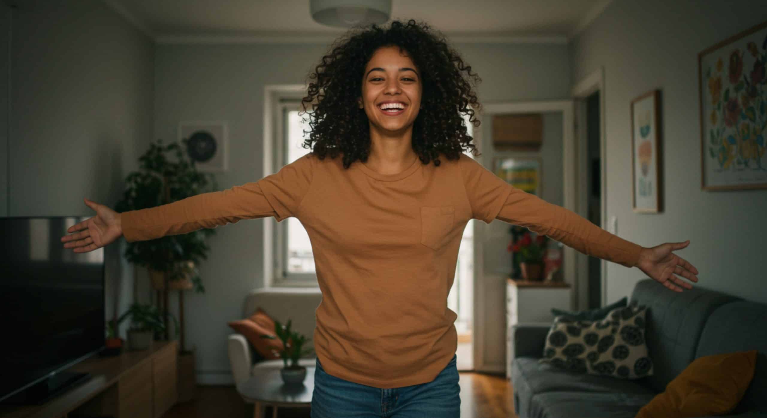 Imagem de uma pessoa sorrindo com os braços abertos, em um ambiente aconchegante de sala de estar, com decoração moderna e plantas, transmitindo uma sensação de bem-estar.