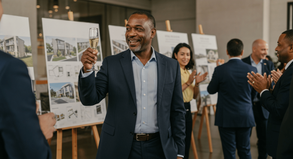 A imagem mostra um evento de lançamento imobiliário, onde um homem está celebrando com um brinde enquanto sorri. Ele está usando um terno escuro e segurando uma taça de champanhe. Ao fundo, há um painel com imagens de projetos de imóveis e outras pessoas também estão interagindo e aplaudindo. O ambiente é formal e profissional, refletindo uma atmosfera de celebração e sucesso em um lançamento do setor imobiliário.