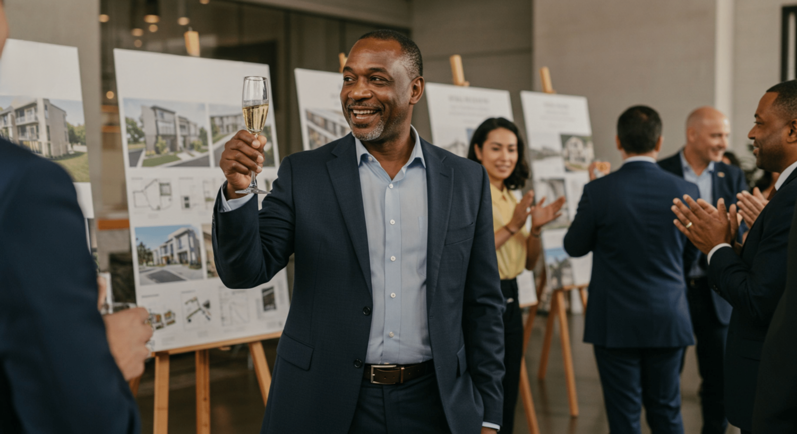 A imagem mostra um evento de lançamento imobiliário, onde um homem está celebrando com um brinde enquanto sorri. Ele está usando um terno escuro e segurando uma taça de champanhe. Ao fundo, há um painel com imagens de projetos de imóveis e outras pessoas também estão interagindo e aplaudindo. O ambiente é formal e profissional, refletindo uma atmosfera de celebração e sucesso em um lançamento do setor imobiliário.