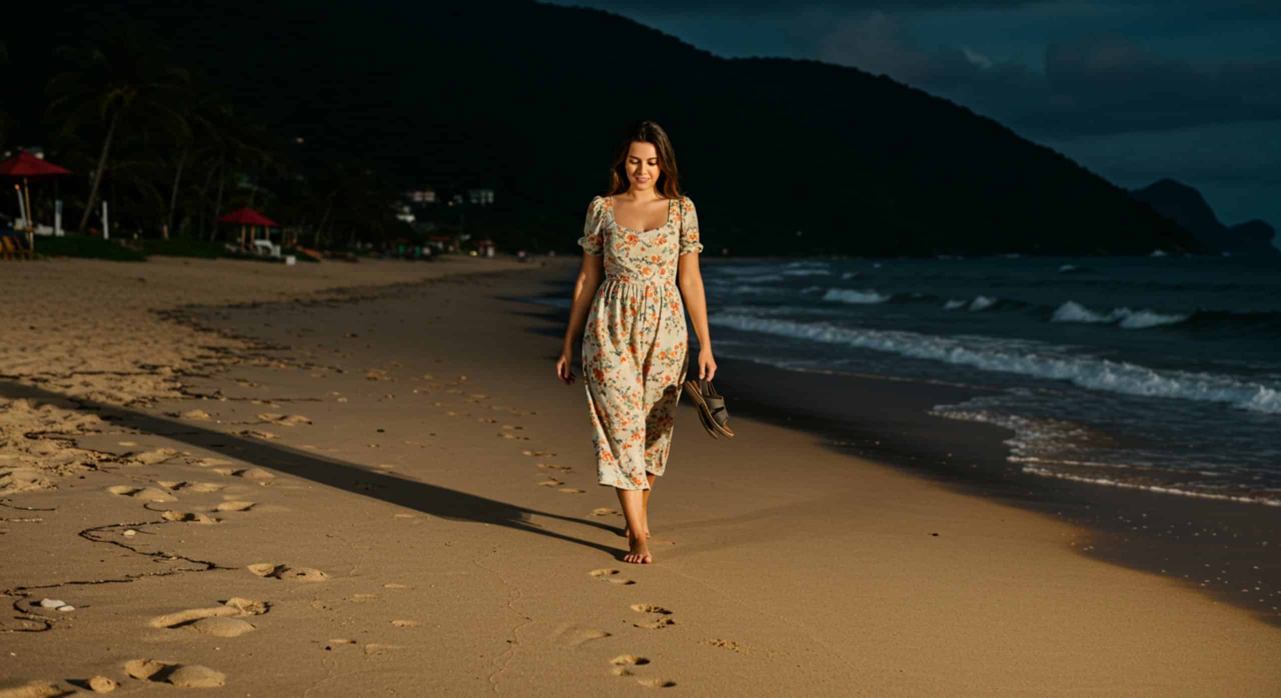 Imagem de uma mulher caminhando descalça na praia, ao entardecer, com o mar e uma montanha ao fundo.