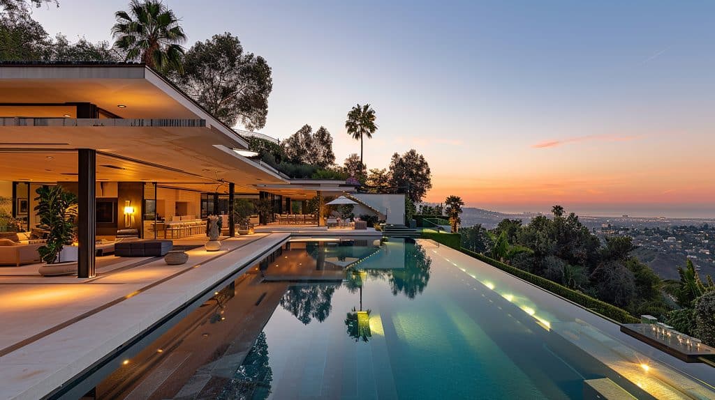 Mansão moderna com fachada aberta, piscina de borda infinita e vista panorâmica para a cidade ao entardecer, rodeada por vegetação e iluminação aconchegante.