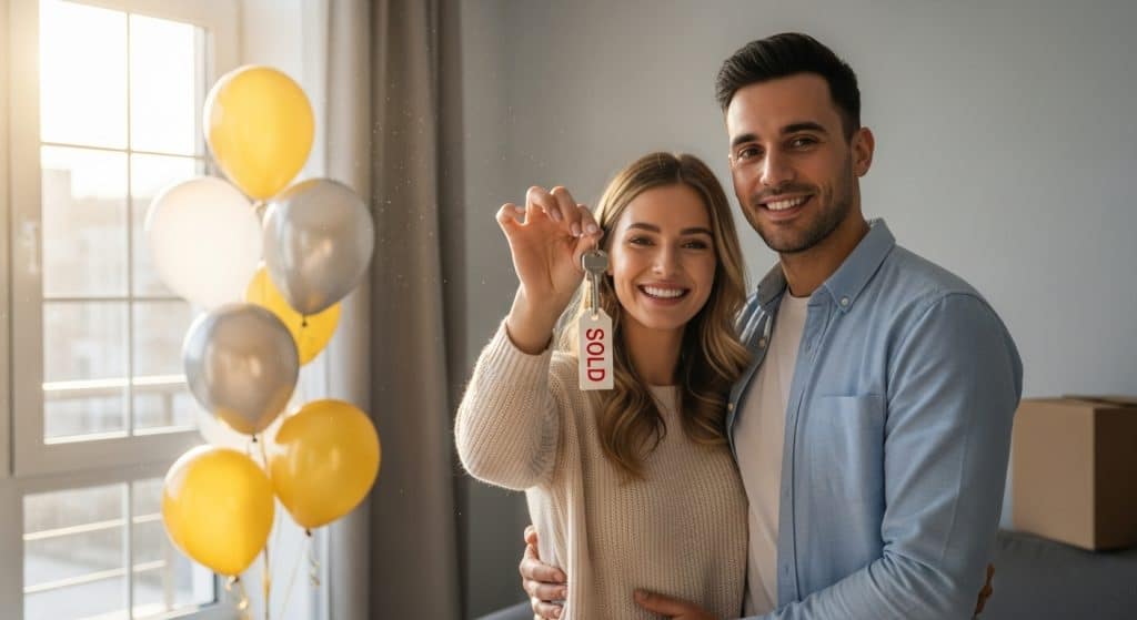 Casal sorridente segurando as chaves de sua nova casa com a etiqueta "SOLD", em frente a uma janela, com balões amarelos e prateados ao fundo, em ambiente de celebração.