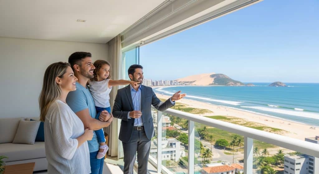 Imagem de uma família sorridente, observando a vista de um apartamento à beira-mar. O pai, em traje formal, está apontando para a vista enquanto a filha, que está no colo da mãe, parece interessada na explicação. A mãe sorri, acompanhando o momento, e ao fundo é possível ver a praia, com céu claro e a cidade ao longe. O cenário transmite uma sensação de felicidade e realização, destacando a vista impressionante do imóvel.