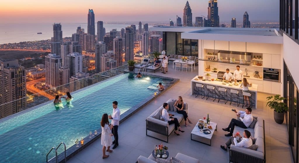 Imagem de uma festa elegante em uma cobertura, com vista panorâmica da cidade ao entardecer. Pessoas estão socializando e desfrutando de drinks ao redor da piscina infinita, enquanto outros estão na área de cozinha e jantar, com chefs preparando pratos. O ambiente tem um estilo moderno e sofisticado, com sofás e mesas bem decorados. A vista para os arranha-céus e a iluminação suave proporcionam uma atmosfera sofisticada e acolhedora.