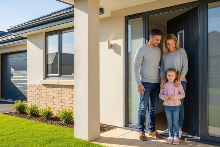 Imagem de uma família sorridente na porta de uma casa, composta por um pai, uma mãe e uma filha pequena. Eles estão de pé na entrada, com a mãe e o pai sorrindo enquanto a filha segura a mão do pai. O ambiente ao redor é bem iluminado, com um gramado bem cuidado e uma garagem visível ao fundo.