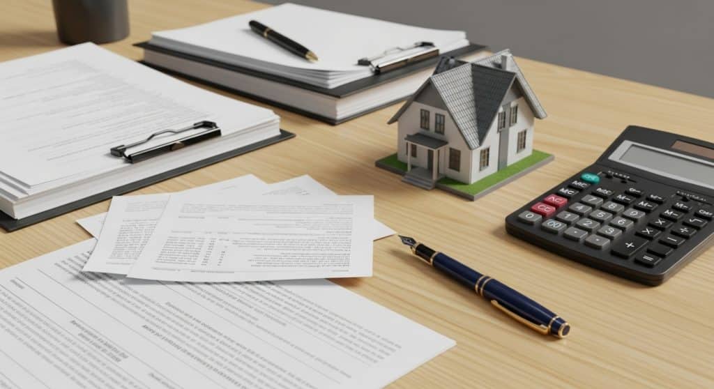 Imagem de uma mesa de escritório com documentos, uma maquete de casa, uma caneta, uma calculadora e mais papéis organizados. O ambiente está limpo e minimalista, ideal para análise e planejamento de negócios ou imóveis.