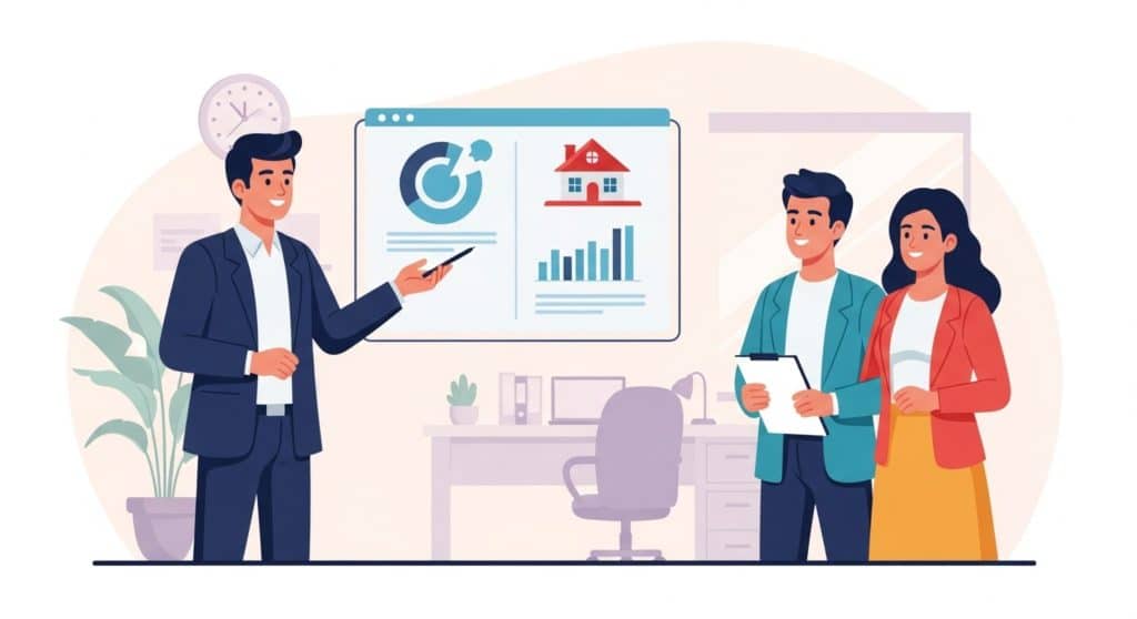 O ChatGPT disse: Imagem ilustrada mostrando uma apresentação em um escritório. Um homem está apontando para uma tela com gráficos, dados e um ícone de casa. Dois outros personagens, um homem e uma mulher, estão ao lado dele, segurando documentos e sorrindo.
