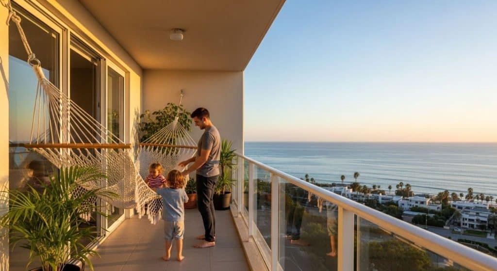 Família desfrutando de um momento no terraço de um apartamento com vista para o mar, enquanto o pai segura uma criança perto da rede e outra criança brinca ao lado. A luz suave do pôr do sol ilumina o ambiente.