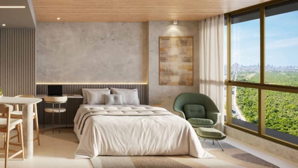 O ChatGPT disse: Quarto moderno com cama grande, mesa de trabalho e poltrona confortável, decorado com tons neutros e iluminação suave. A janela oferece vista panorâmica para a cidade e áreas verdes.