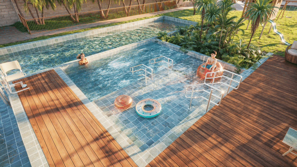 Vista aérea de uma piscina com brinquedos infláveis, onde uma mulher relaxa na água e uma criança se diverte em um flutuador. O ambiente é cercado por vegetação e deck de madeira.