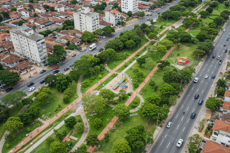 Vista aérea de parque urbano com ciclovias e áreas verdes entre duas avenidas.