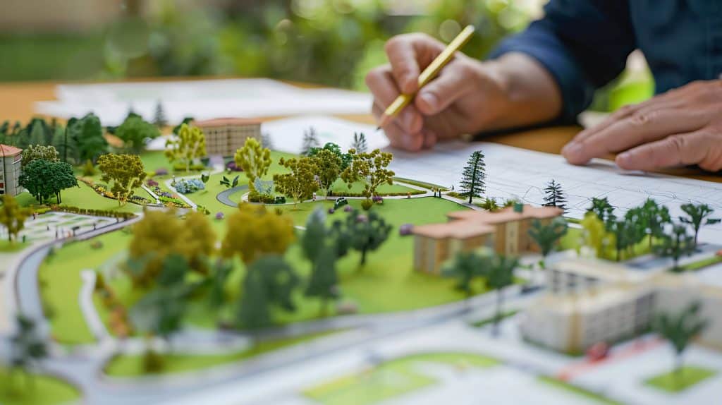 Close-up de um modelo arquitetônico de um projeto urbano, com áreas verdes, árvores e ruas, enquanto um arquiteto desenha em planos ao lado.