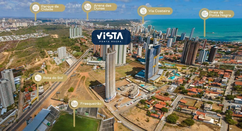 O ChatGPT disse: Imagem aérea de Ponta Negra, com pontos turísticos e locais de interesse destacados, como o Parque da Cidade, Arena das Dunas, Praia de Ponta Negra e outros, com um panorama da cidade e da costa.