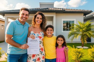 Família sorridente em frente a uma casa segurando contrato de compra e venda.