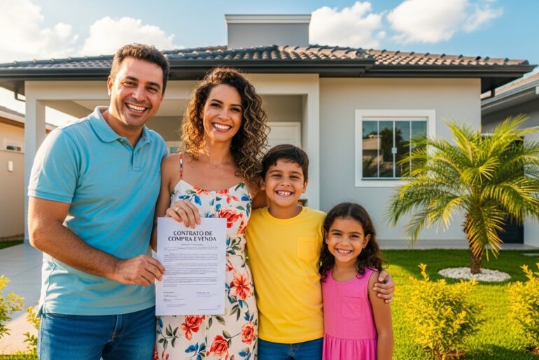 Família sorridente em frente a uma casa segurando contrato de compra e venda.