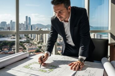 Arquiteto analisando planta de empreendimento em escritório com janelas amplas e vista para cidade litorânea.