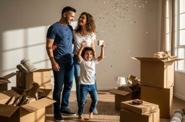 A imagem mostra uma família feliz comemorando em sua nova casa, com confetes coloridos caindo ao redor. O homem, a mulher e o filho, que segura uma pequena caixa, estão sorrindo em meio a caixas de mudança e papel amassado, em um ambiente bem iluminado pela luz natural. A cena transmite a alegria e a celebração de um novo começo.