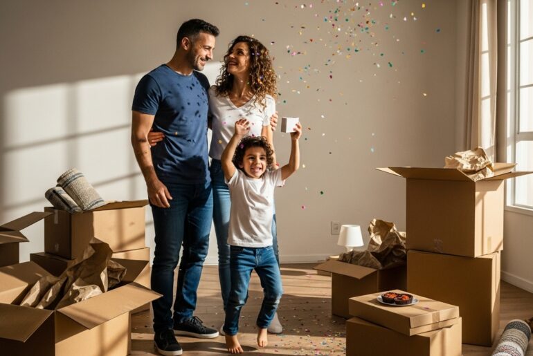 A imagem mostra uma família feliz comemorando em sua nova casa, com confetes coloridos caindo ao redor. O homem, a mulher e o filho, que segura uma pequena caixa, estão sorrindo em meio a caixas de mudança e papel amassado, em um ambiente bem iluminado pela luz natural. A cena transmite a alegria e a celebração de um novo começo.