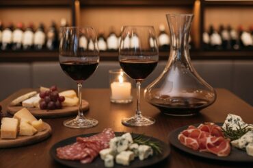 Mesa com duas taças de vinho tinto, decanter, queijos, embutidos e uvas em ambiente acolhedor.