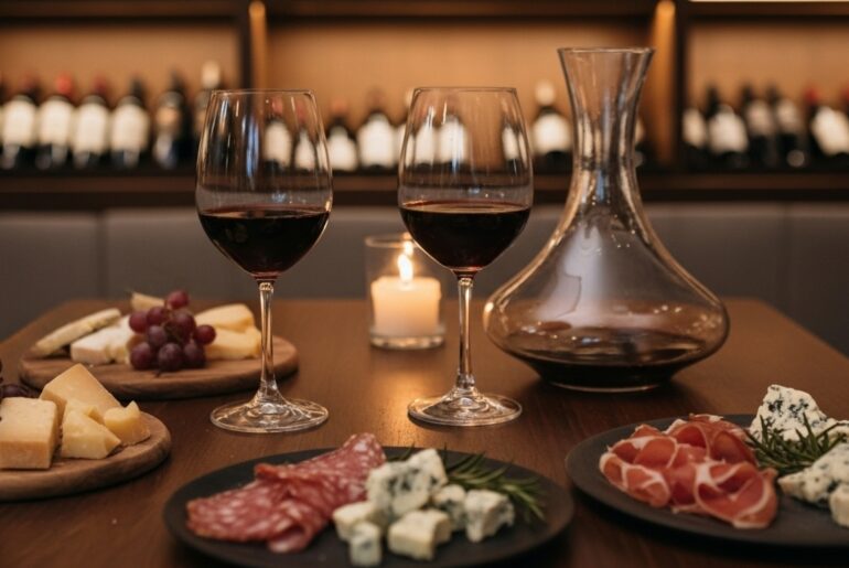 Mesa com duas taças de vinho tinto, decanter, queijos, embutidos e uvas em ambiente acolhedor.