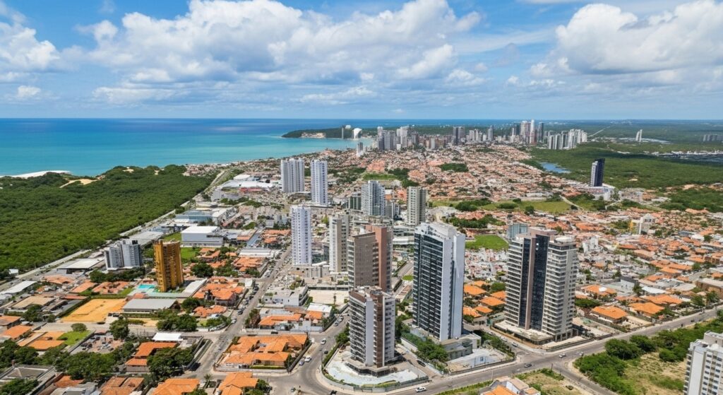 Vista aérea de cidade litorânea com prédios altos, área verde e mar ao fundo.