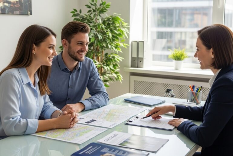 Casal sorridente sentado à mesa em um escritório de corretagem, discutindo documentos com uma corretora. Eles estão analisando mapas e contratos enquanto a corretora aponta para o papel, e há uma planta no ambiente.