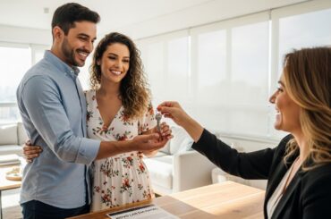 Casal sorridente recebendo chave de imóvel de corretora, com documento “NOVO LAR EM NATAL” sobre a mesa.