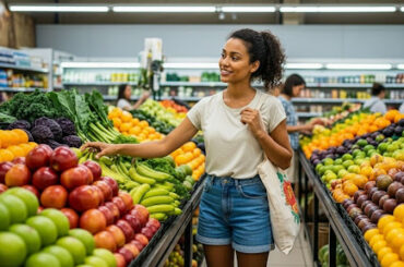 Mulher sorridente escolhendo frutas frescas em um corredor de supermercado.