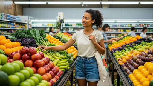 Custo de Vida em Natal RN: Onde Morar e Economizar Mulher sorridente escolhendo frutas frescas em um corredor de supermercado.