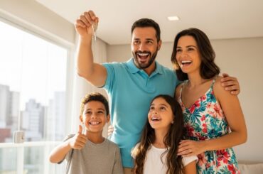 Família sorridente com dois filhos comemorando entrega das chaves em apartamento iluminado.