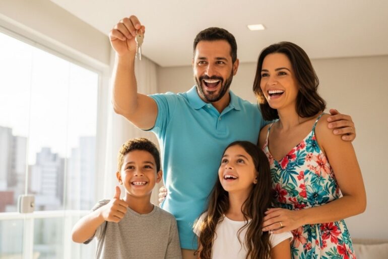 Família sorridente com dois filhos comemorando entrega das chaves em apartamento iluminado.