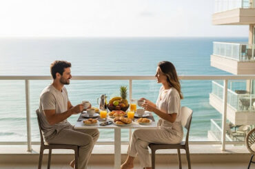 Casal tomando café da manhã em varanda com vista para o mar e prédios ao fundo.