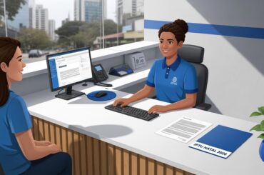 Atendente com uniforme azul da prefeitura atendendo uma contribuinte em um guichê moderno, com computador e pasta identificada como “IPTU NATAL 2026” sobre a mesa.