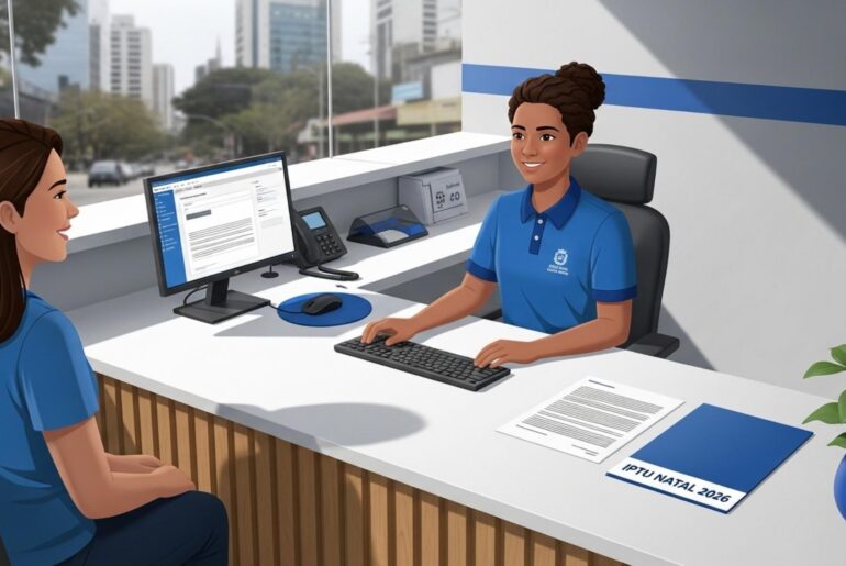 Atendente com uniforme azul da prefeitura atendendo uma contribuinte em um guichê moderno, com computador e pasta identificada como “IPTU NATAL 2026” sobre a mesa.
