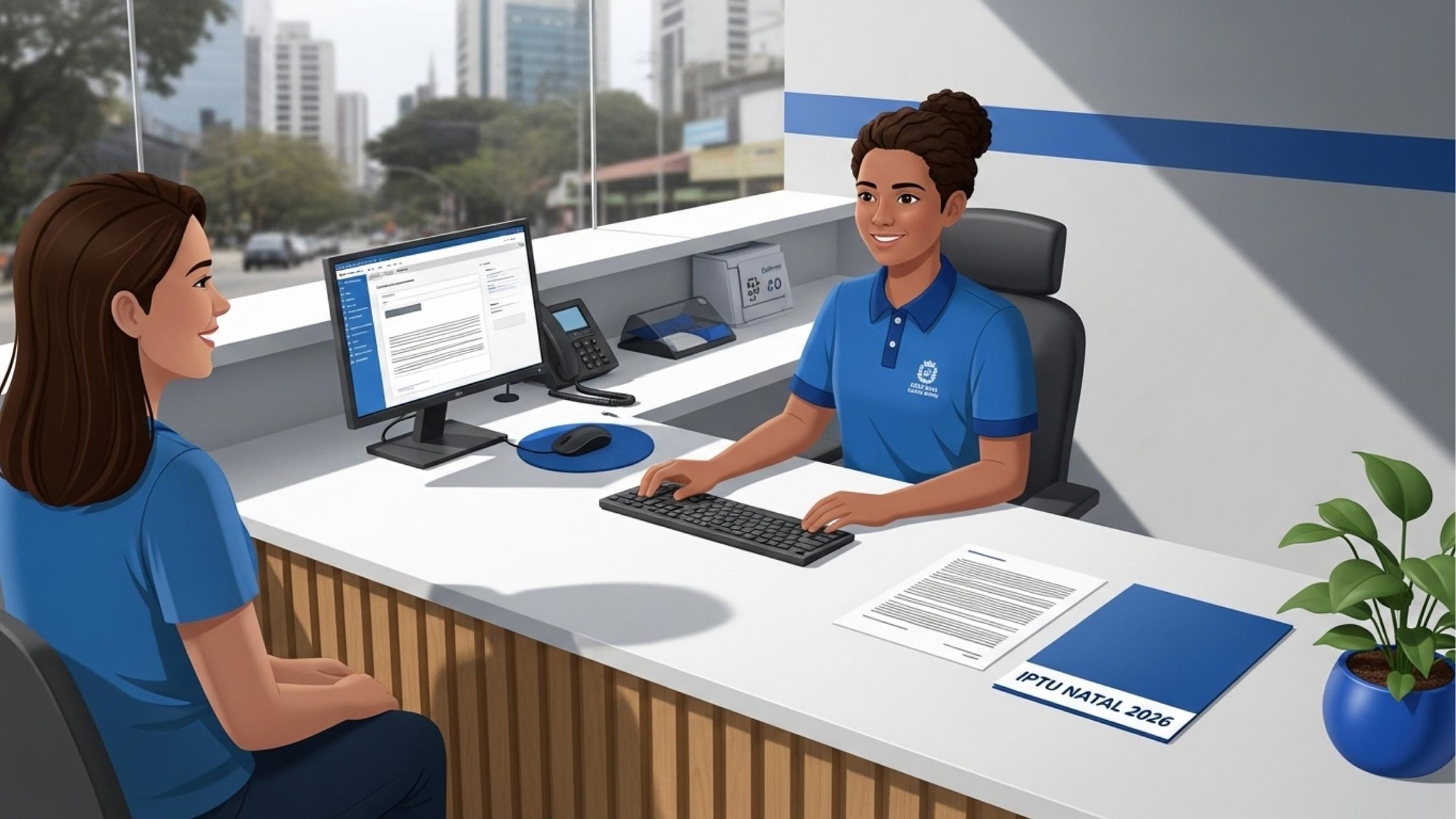 IPTU Natal 2026: Guia com Prazos, Descontos e Pagamento Atendente com uniforme azul da prefeitura atendendo uma contribuinte em um guichê moderno, com computador e pasta identificada como “IPTU NATAL 2026” sobre a mesa.