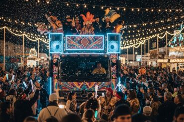 Bloco carnavalesco com trio elétrico decorado e iluminado à noite, cercado por multidão em festa; foliões fantasiados dançam enquanto confetes caem, com barracas e luzes ao fundo.