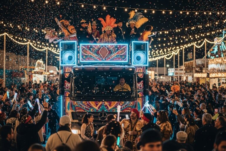 Bloco carnavalesco com trio elétrico decorado e iluminado à noite, cercado por multidão em festa; foliões fantasiados dançam enquanto confetes caem, com barracas e luzes ao fundo.