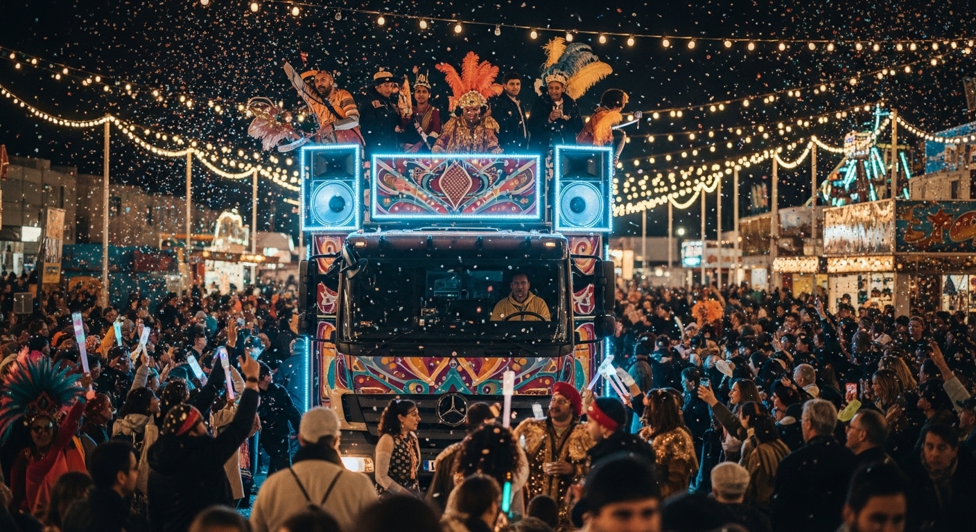 Carnatal 2025: onde ficar e onde investir em Natal RN Bloco carnavalesco com trio elétrico decorado e iluminado à noite, cercado por multidão em festa; foliões fantasiados dançam enquanto confetes caem, com barracas e luzes ao fundo.
