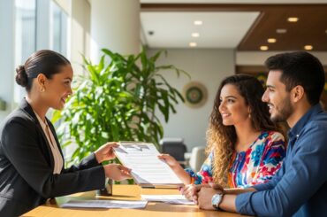 Casal sentado em mesa de escritório moderno sorri enquanto recebe uma prancheta com documentos de uma corretora, representando negociação ou fechamento de contrato imobiliário.
