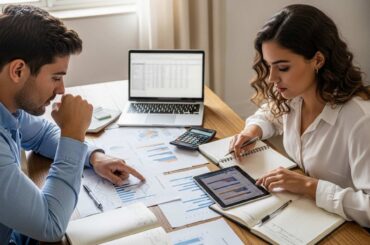 Um homem e uma mulher sentados em uma mesa de trabalho, discutindo gráficos e dados em documentos e dispositivos. O homem observa atentamente um gráfico enquanto a mulher faz anotações em um caderno. No fundo, um laptop com planilhas abertas e uma calculadora estão sobre a mesa.