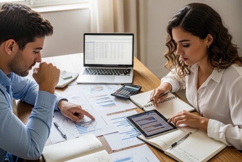 Um homem e uma mulher sentados em uma mesa de trabalho, discutindo gráficos e dados em documentos e dispositivos. O homem observa atentamente um gráfico enquanto a mulher faz anotações em um caderno. No fundo, um laptop com planilhas abertas e uma calculadora estão sobre a mesa.