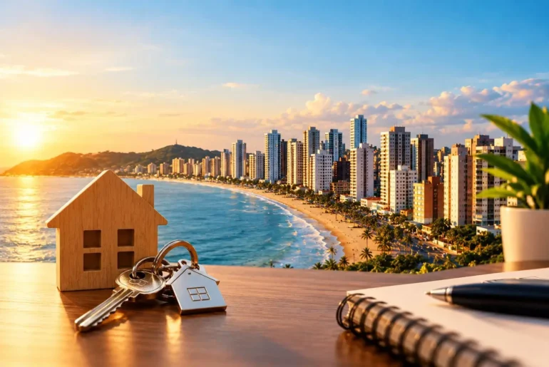 Mercado imobiliário de Natal com vista para a praia e chaves de imóvel em destaque