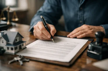 Pessoa assinando a escritura de um imóvel em cartório